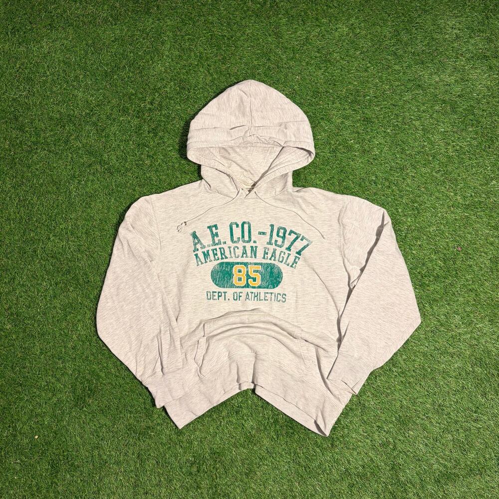American Eagle Hoodie Mens Large Tan Pullover Graphic AEO 1977 Fleece